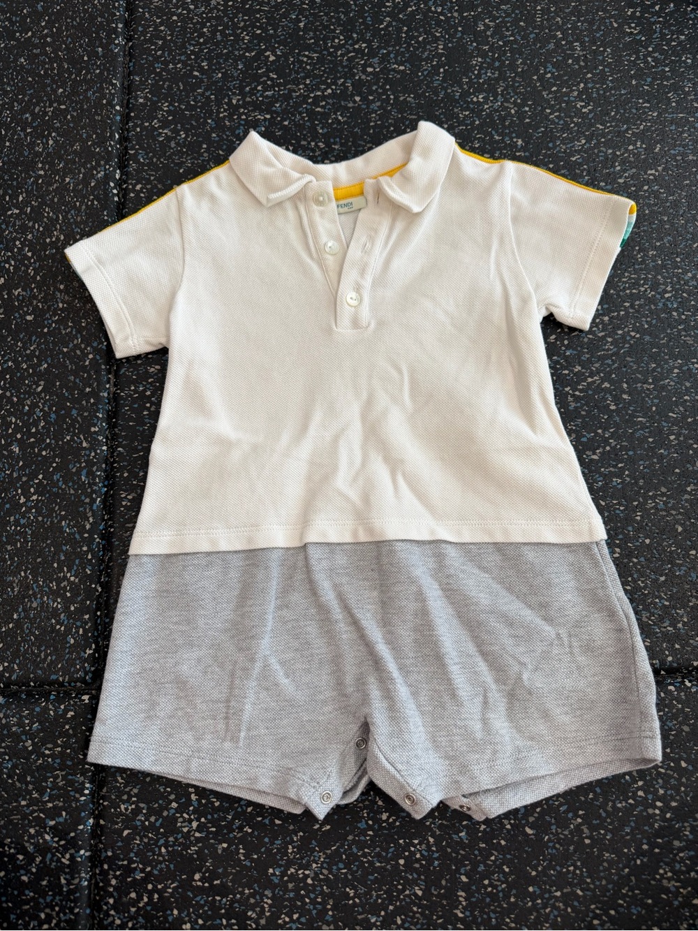 Fendi White and Gray Boys Two-Tone Polo Romper with Yellow Trim